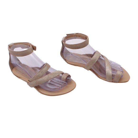 NIB MAX Azria Freja Flat Sandals Sz 36.5 Gold Metallic Strappy Ankle Strap - Picture 1 of 12